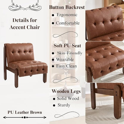 HEAH-YO Accent Chair Set of 1,Modern Vintage Living Room Chair for Bedroom with Button Tufted Back and Wood Legs,Upholstered Comfy Reading Chair for Makeup Vanity Cafe,PU Brown