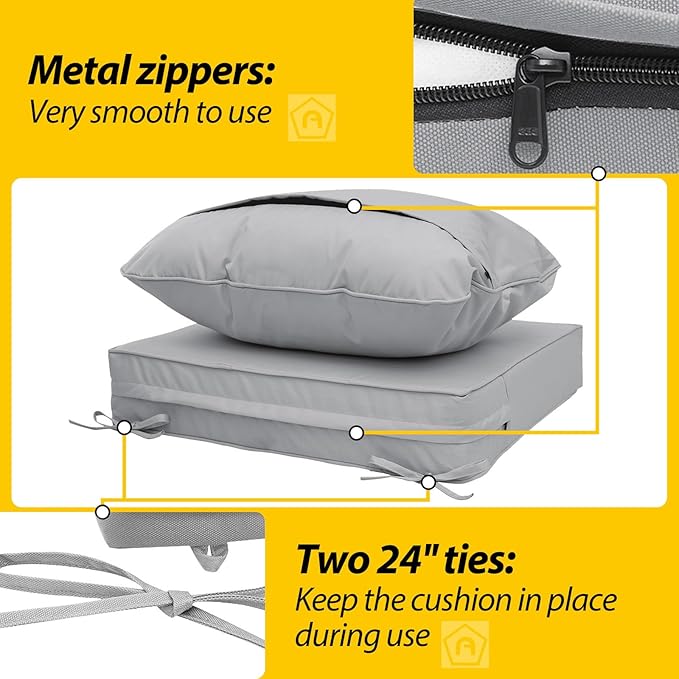 AAAAAcessories Outdoor Deep Seat Cushions, Waterproof, Fade-Resistant Patio Furniture Replacement Cushions, 23.5" x 25.5" x 5" + 23.5" x 19", Set of 2, Gray