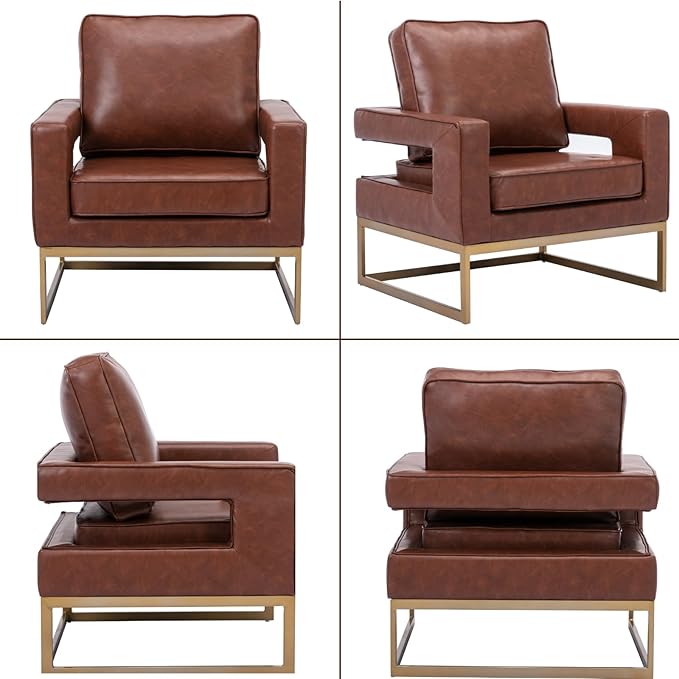 Modern Accent Chair Set of 2, PU Leather Upholstered Side Chair with Backrest, Comfy Armchair Side Chair with Golden Metal Base for Living Room Reception Room, Brown