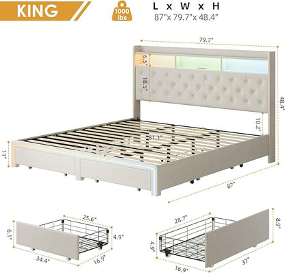 King LED Bed Frame with Storage Headboard & Charging Station, Velvet Fabric Platform Bed Frames with 4 Drawers, Button Tufted Upholstered, No Box Spring Needed, Beige