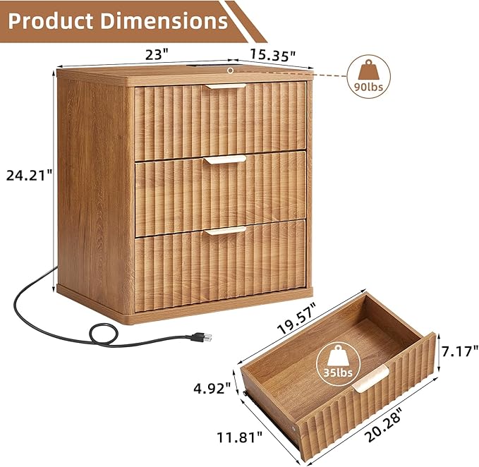 LEYAOYAO 23" Wide Fluted Farmhouse Night Stand Set of 2 with Charging Station, 3 Drawers Large End Table w/Metal Handle, Brown Nightstand Bedside Table,Wood Dresser for Bedroom, Closet