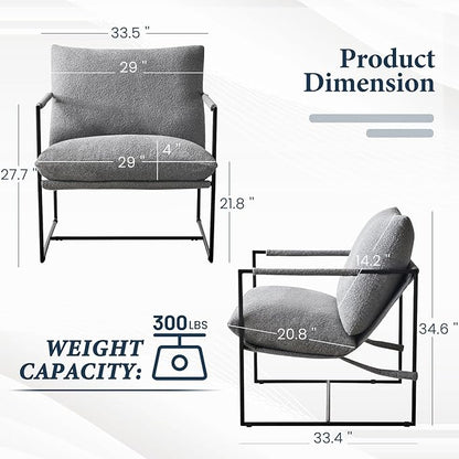 Sling Accent Chair with Metal Frame, Comfortable Boucle Fabric Arm Chair, Upholstered Cozy Reading Chair for Living Room, Bedroom, Dressing Room, Home Office, Grey