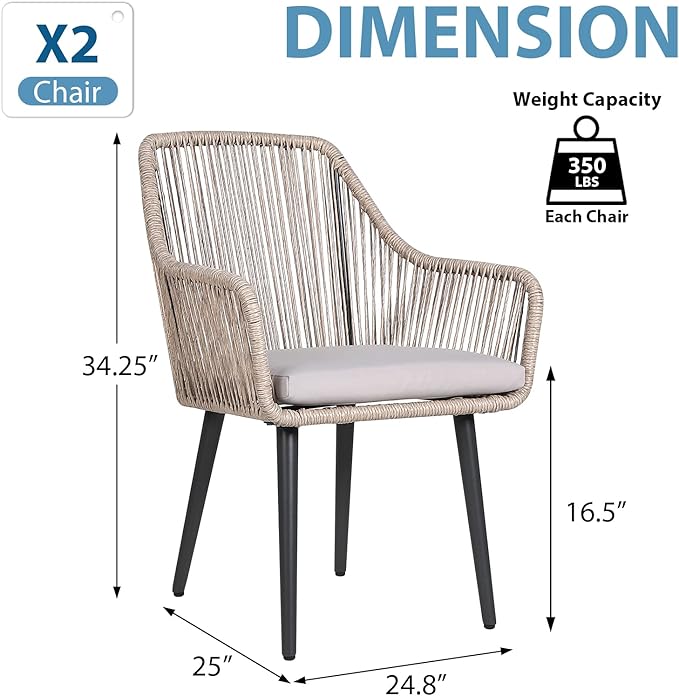 JOIVI Patio Chairs Set of 2, 2 Pieces Rattan Rope Material Outdoor Dining Chairs with Armrest and Seat Cushions for Outside Porch or Indoor Kitchen, Restaurant, Tan