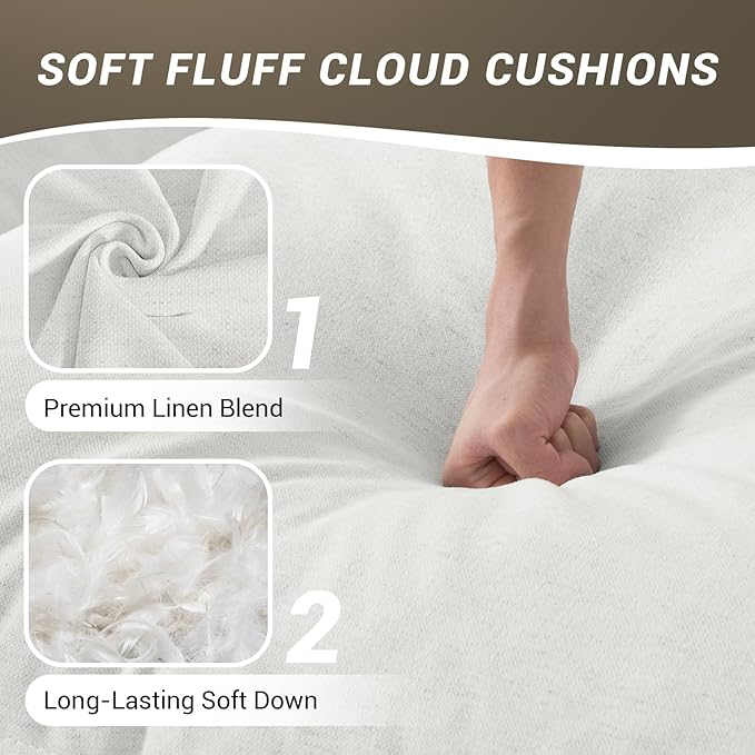 Cloud Sectional Sofa, Down Fill Cloud Couch, Convertible Modular Couch with Washable Cover, Movable Ottoman, Sectional Couches for Living Room, Bedroom, Small Apartments, Linen, Cream White