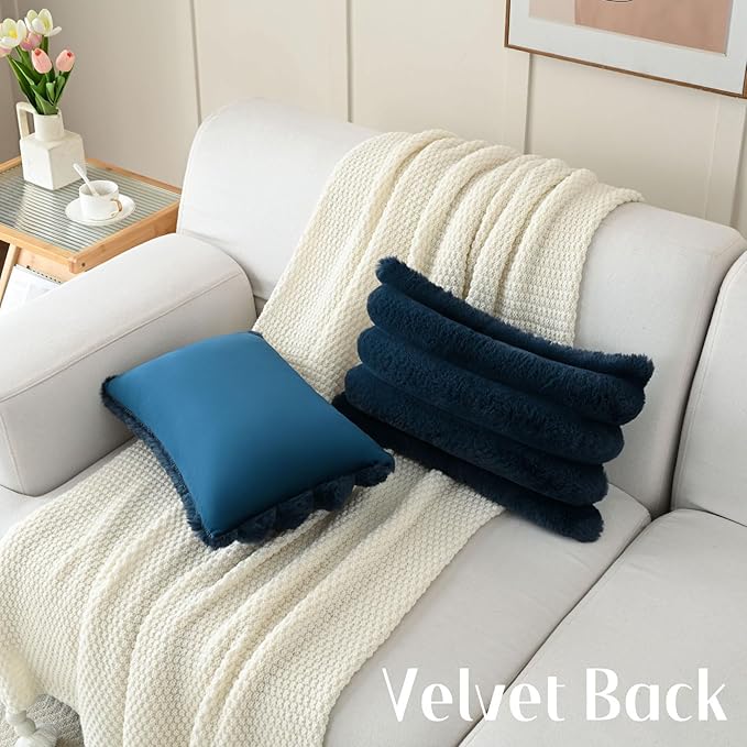 FUTEI Navy Blue Decorative Throw Pillow Covers 12x20 Inch Set of 2, Square Soft Faux Rabbit Fur Thick Striped Lumbar Pillow Case,Winter Home Decor for Couch Bed Living Room