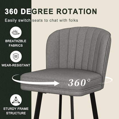 Swivel Counter Height Bar Stools Set of 4, 26'' Modern Barstools with Backs and Metal Legs, Upholstered Bar Chairs,Mid-Gray,Fabric Stools for Kitchen Island Chairs
