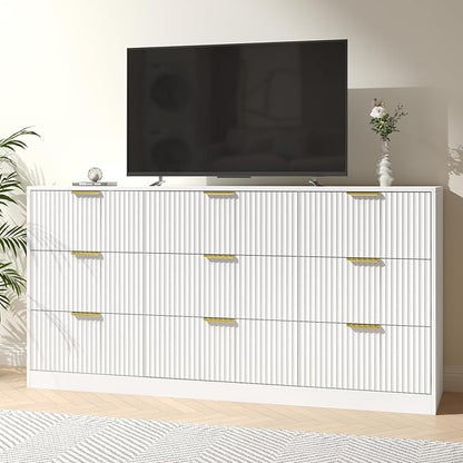 White Dresser for Bedroom with 9 Drawers, 63” Wide White Fluted Dresser Modern Chest of Drawers with Gold Handles, Wooden TV Stand Storage Organizer for Bedroom, Living Room