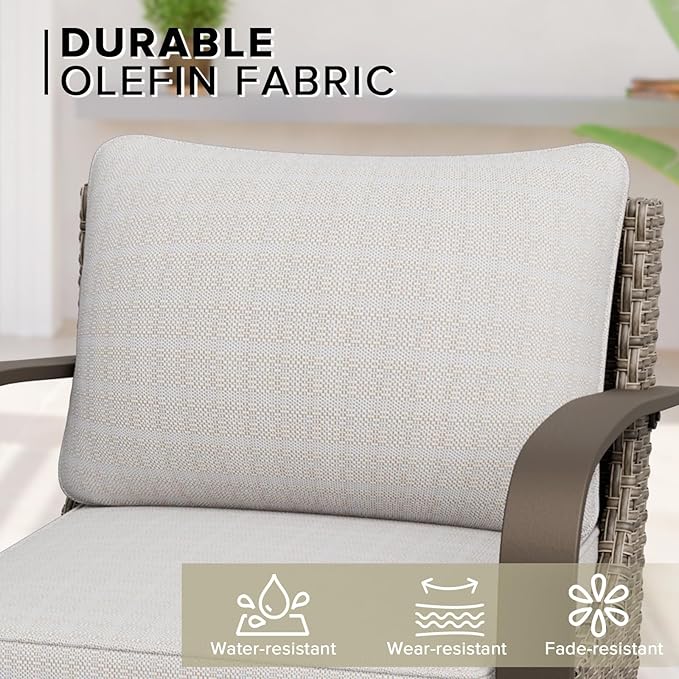 COOS BAY Aurora Terrace Half-Moon Outdoor Furniture Set, Rattan Conversation Set with Patio Chairs, Curved 5-Seat Sofa, Coffee Table, Seats 7, Beige/Beige