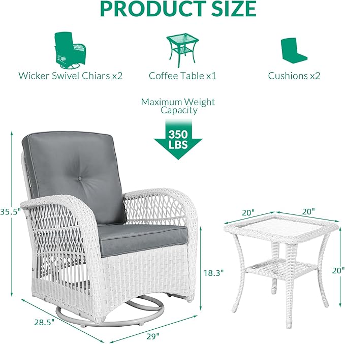 VIVIJASON 3-Piece Outdoor Conversation Bistro Set, Patio Swivel Glider Rocking Chairs Rattan Furniture Sets w/ 2 White Rattan Chairs, Glass Top Side Table for Porch Backyard, Grey Cushions