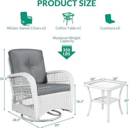 VIVIJASON 3-Piece Outdoor Conversation Bistro Set, Patio Swivel Glider Rocking Chairs Rattan Furniture Sets w/ 2 White Rattan Chairs, Glass Top Side Table for Porch Backyard, Grey Cushions