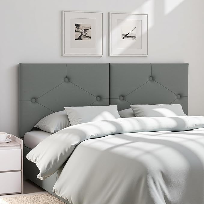 Modern Queen Headboard, Upholstered Faux Leather Bed Headboard with Solid Wood & Sturdy Metal Legs, Tufted Adjustable Height Headboards in Button Design, Grey