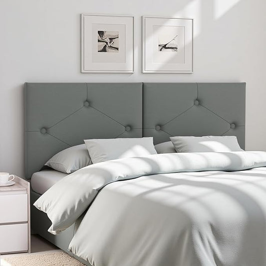 Modern Queen Headboard, Upholstered Faux Leather Bed Headboard with Solid Wood & Sturdy Metal Legs, Tufted Adjustable Height Headboards in Button Design, Grey