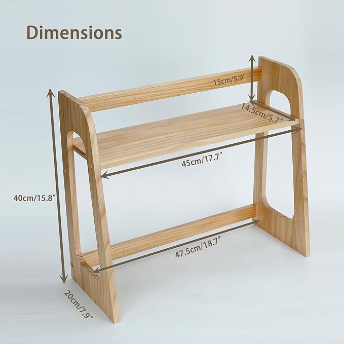 Double-tier bookshelf, book storage rack, 17.5-inch multifunctional desktop solid wood bookshelf and countertop display stand. Ideal for kitchen organization, tidying books, teacups, and toys.