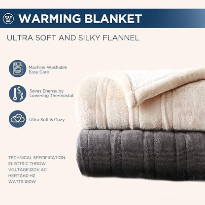 Westinghouse Electric Blanket Full, Heated Blanket Full Size with 10 Heating Levels and 1 to 12 Hours Heating Time Settings, Flannel to Sherpa Reversible, Machine Washable (80" x 84", Charcoal)
