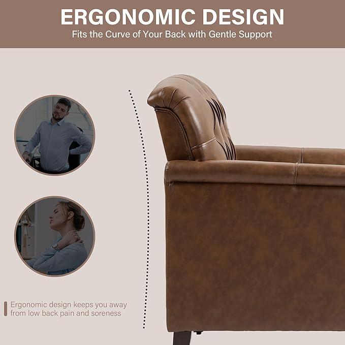Faux Leather Accent Chairs Set of 4, Upholstered Armchairs with Nailhead Trims & Wood Legs for Living Room, Bedroom, Contemporary Comfy Club Chairs for Office-Brown