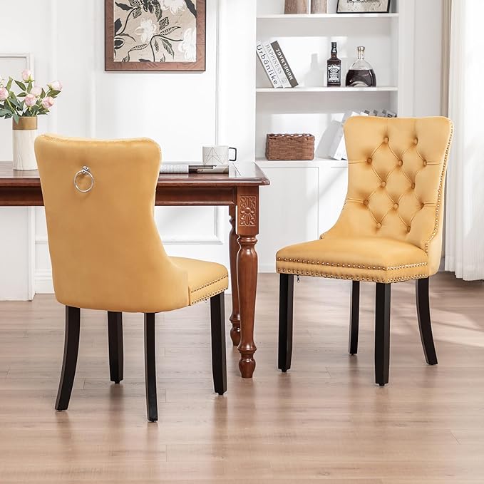 Velvet Dining Chairs Set of 6, Tufted Dining Room Chairs with Nailhead Ring Pull Trim, Upholstered Dining Chairs with Solid Wood Legs for Kitchen Dining Room (Gold)