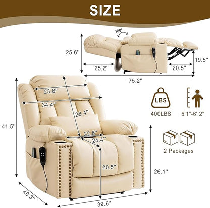 Dual Motor Large Power Lift Recliner Chair for Elderly with Heat and Massage,Lay Flat Lift Chairs Recliners for Seniors Infinite Position,USB Ports&Remote, Leather (Beige, Large)