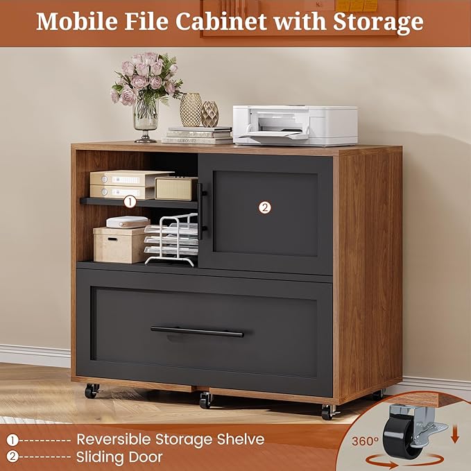 63" Executive Desk with Mobile File Cabinet, Large Office Desk with Drawer, Modern L Shaped Desk with Power Outlets, Storage Shelves, Corner Computer Desk Business Workstation Set (Walnut)
