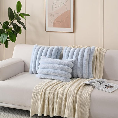 FUTEI Light Blue Decorative Throw Pillow Covers 22x22 Inch Set of 2, Square Soft Faux Rabbit Fur Thick Striped Cushion Cover,Winter Home Decor for Couch Bed Living Room