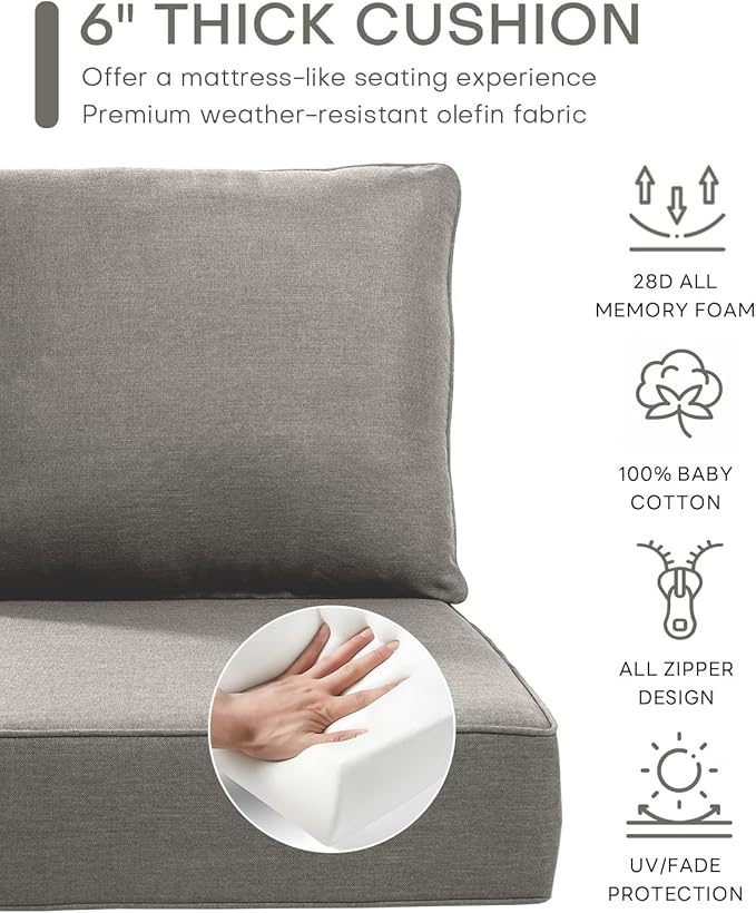 Luxury 24x24x6 Inch Outdoor Cushions - Water&UV&Fade Resistant 1 Set Patio Replacement Seat Cushion for Rattan Mental Wicker Dining Rocking Swivel Chairs Loveseat Couch Sectional Sofa - Grey