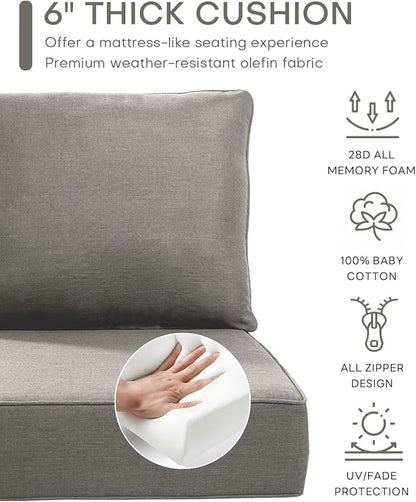 Luxury 24x24x6 Inch Patio Chair Cushions Set of 3 - Memory Foam Deep Seat Water-Resistant Patio Cushion for Lawn Dining Rocking Swivel Chairs Loveseat 3-Seater Sectional Sofa - Grey