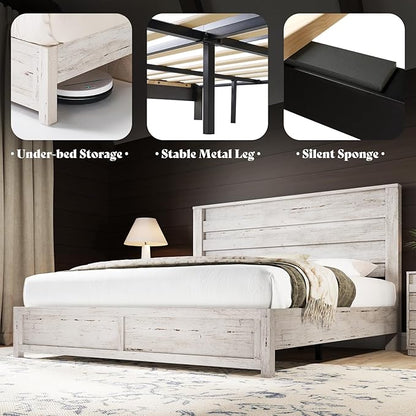 AMERLIFE Farmhouse King Size Bed Frame with 49" Fluted Headboard, Wood Platform Bed with Natural Wood Grain, No Box Spring Needed/Noise Free, Distressed White