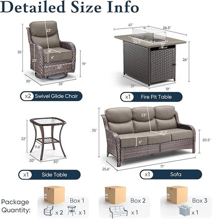 Belord Luxury 6" Thick Cushioned 5 Pieces Patio Furniture Set with Fire Pit Table, Wicker Outdoor Conversation Set with High Back Swivel Rocker Chairs for Deck Porch Yard and Poolside - Brown+Grey