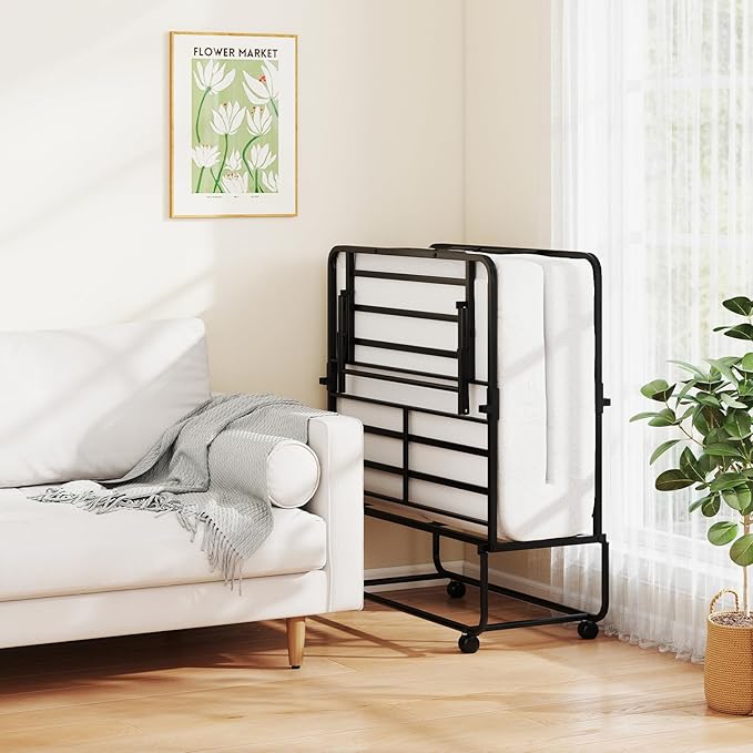 Giantex Twin Folding Bed Frame with Mattress, 75" x 38" Portable Rollaway Guest Bed with Memory Foam Mattress & Metal Frame, Space Saving Roll Away Beds with Mattresses for Adults Guest Apartment