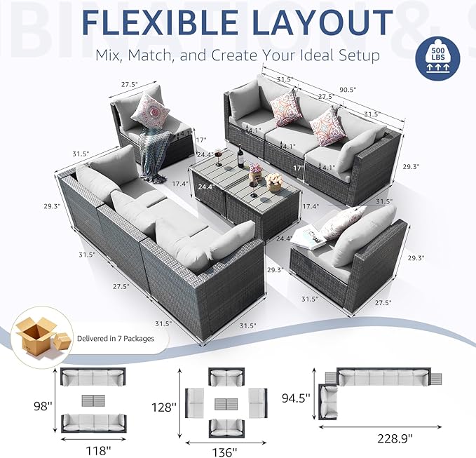 NICESOUL 10 Piece Outdoor Furniture Sofa Set, Extra Large Size Patio Modular Sectional with Side Tables, 29.3'' High Back Comfy Rattan Conversations, High-End Luxurious Grey Wicker Couches Heavy Duty