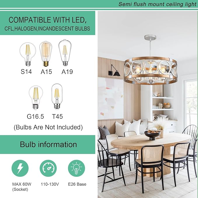 Semi Flush Mount Ceiling Light Fixture Ceiling Mount 6-Light Rustic Farmhouse Chandelier for Dining Room, Light Fixture Ceiling Round Metal Kitchen Light Fixtures Ceiling Mount