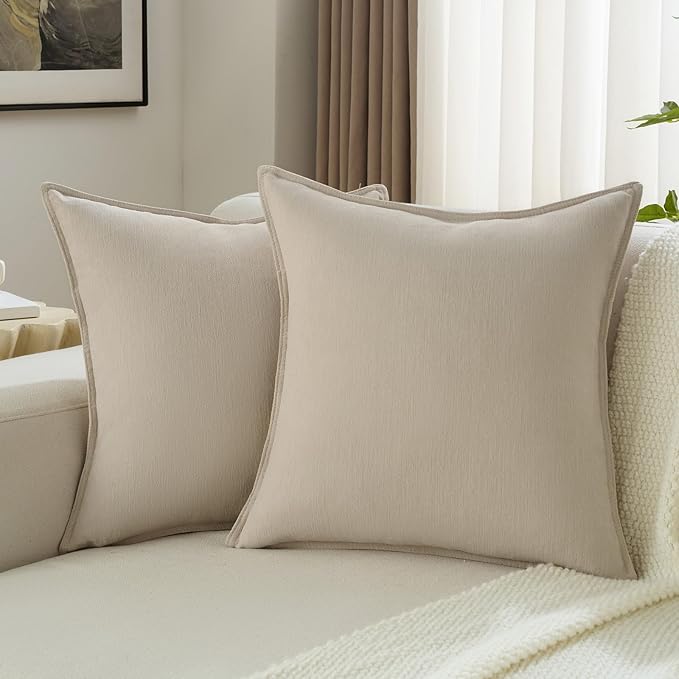 FUTEI Beige Chenille Throw Pillow Covers 22x22 Inch Set of 2,Edges Double-Stitched Cushion Cases,Modern Home Decor for Couch Living Room