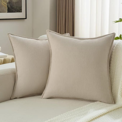FUTEI Beige Chenille Throw Pillow Covers 22x22 Inch Set of 2,Edges Double-Stitched Cushion Cases,Modern Home Decor for Couch Living Room