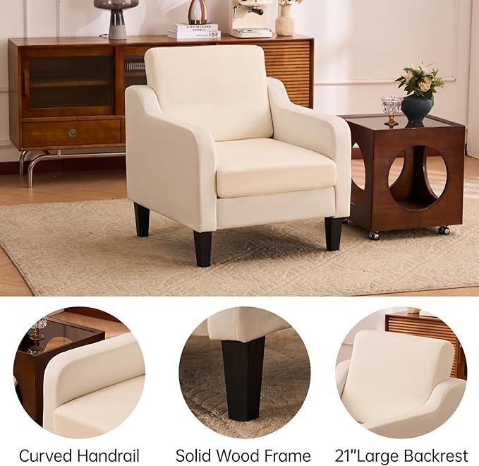 Accent Chairs Set of 2 for Living Room, Modern Velvet Living Room Chairs with Wide Backrest, Upholstered Comfy Chair with Cushion, Oversized Sofa Chair with Wood Legs, Single Armchair, Beige