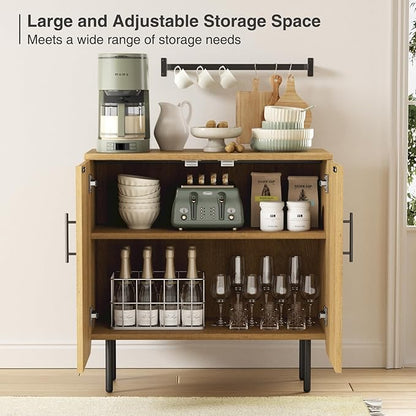 Modern Fluted Natural Storage Cabinet with 2 Doors, Adjustable Shelves, and Metal Legs, Accent Buffet Sideboard for Living Room, Dining Room, Entryway (Natural & Black)