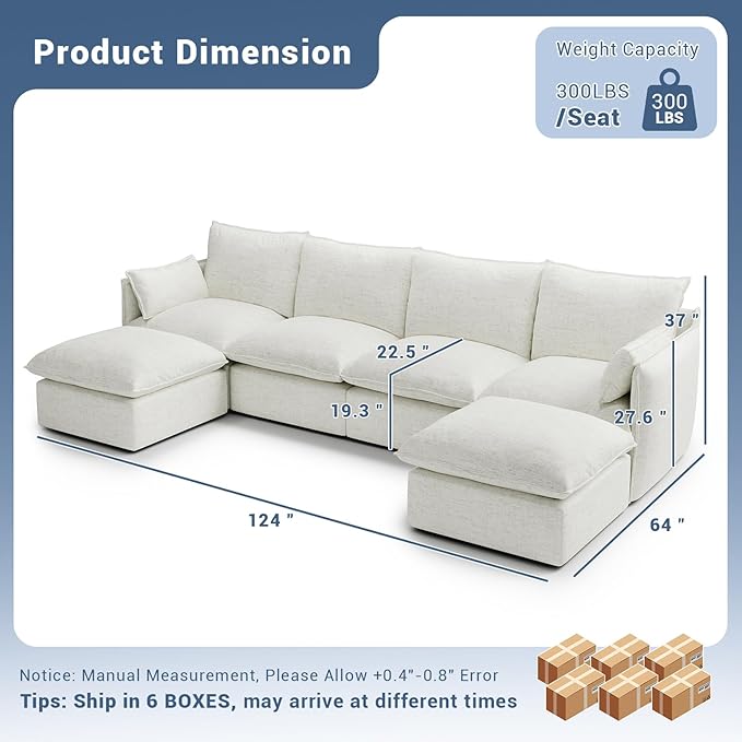 124" Cloud Modular Sectional Sofa, Waterproof Down Filled Sectional Couch, High Backrest U Shaped 4 Seater Couch with 2 Ottomans, Modern Modular Sofas with Removable Cover, Cream White