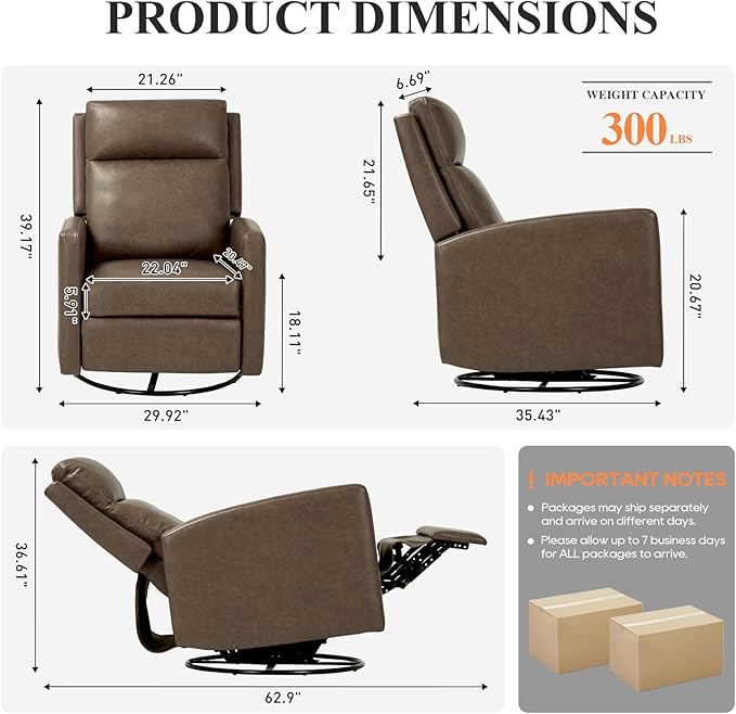 Swivel Rocking Recliner,Wide PU Leather Glider Sofa Chair with Ergonomic High Backrest for Bedroom,Living Room（ Brown）