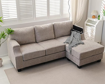 85" Sectional Couches with Storage Ottoman,L Shaped Couch with Armrest Organizer,3-Seater Sofa,Small Couch for Living Room,Apartment,Sofa Set with Oversized Chair,Chenille,Khaki