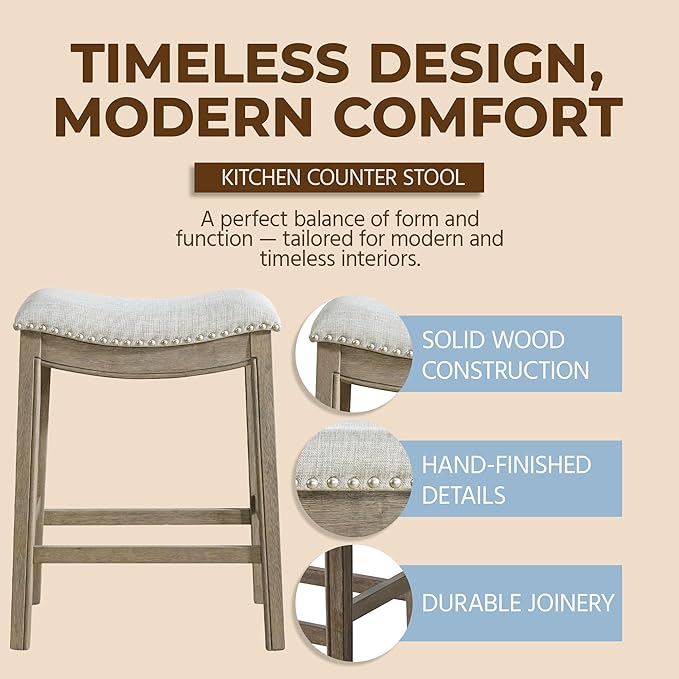 ROME + OAK Parker 26 Inch Counter Stool, Backless Saddle Kitchen Barstool in Reclaimed Oak Finish with Ash Grey Fabric Upholstery Cushion Seat