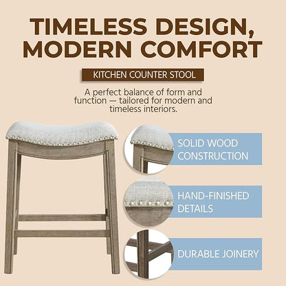 ROME + OAK Set of 4 Parker 26" Counter Stool, Backless Saddle Kitchen Barstool in Reclaimed Oak Finish with Ash Grey Fabric Upholstery Cushion Seat