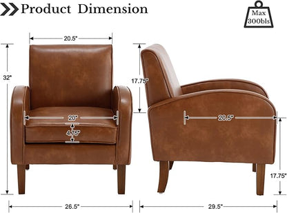 Brown Faux Leather Accent Chairs Set of 2, Mid Century Modern Upholstered Arm Chairs with Wooden Legs, Comfy Reception Office Club Reading Side Lounge Chair for Living Room Bedroom
