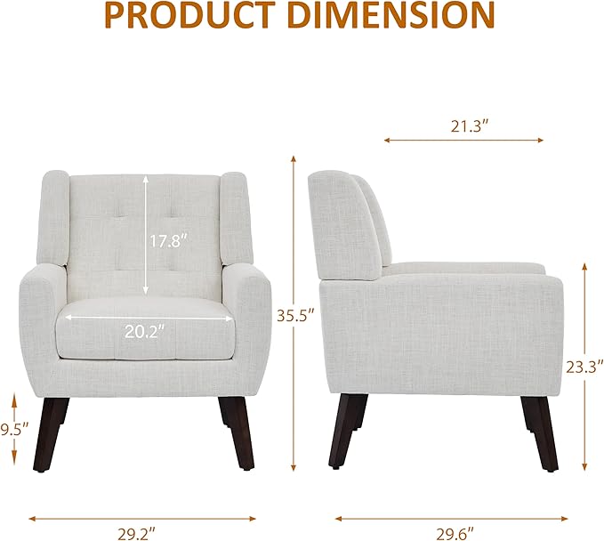 Accent Chairs Set of 2, Mid-Century Modern Upholstered Armchair, Comfy Fabric Living Room Chairs Reading Chairs with Button Tufted Back & Solid Wood Legs for Bedroom, Office, Beige