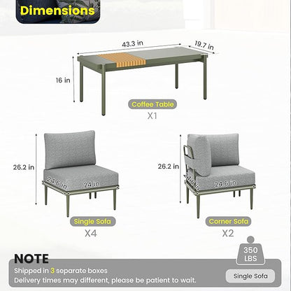 Sundale Outdoor 7 Pieces Metal Patio Furniture Set, Outdoor Sectional Sofa w/6 Inch Olefin Cushion and Coffee Table, Modern Outdoor Conversation Sets (6 Seats, Green Frame)