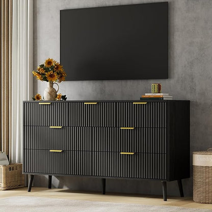 LYNSOM Fluted Dresser and Nightstand Set, 3 Pieces Bedroom Set, 55 Inch Wide 7-Drawer Dresser & 2-Drawer Nightstands Set of 2, Modern Dressers Set for Bedroom, Hallway, Black