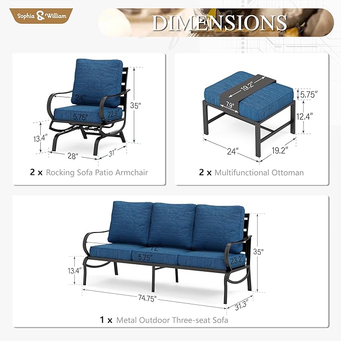 Sophia & William Patio Furniture Sets 5 Seats Outdoor Metal Conversation Sets 5 Pcs with 2 x Cushioned Swivel Sofa Chairs,1 x 3-Seat Sofa,2 x Ottomans for Coffee Lawn Backyard Poolside Peacock Blue