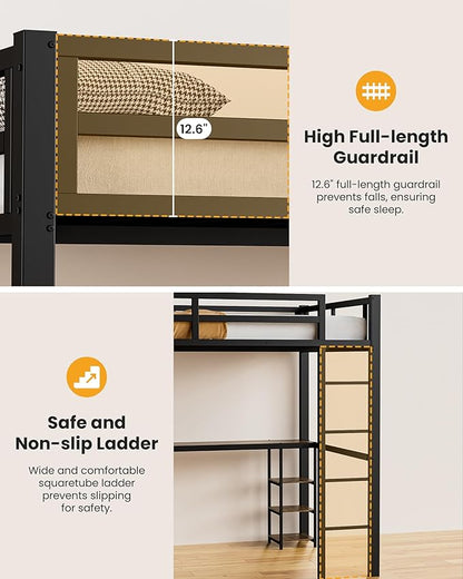Full Size Loft Bed with Desk & Open Shelves, Heavy Duty Metal Bed Frame with Safety Guardrails & Ladder, Loft Beds with Vintage Wood Finish L-Shaped Desk, Black