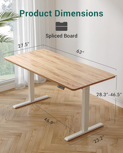CubiCubi Height Adjustable Electric Standing Desk, 63 x 28 Inches Sit Stand up Desk, Large Memory Computer Home Office Desk with Two-Piece Desktop (Light Rustic)