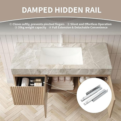 48 Inch Floating Bathroom Vanity with Sink, Wall-Mounted Bathroom Vanity with Drawer and 2 Doors, Light Gray Sintered Stone Countertop and Ceramic Basin, Pre-Assembled, White Oak Woodgrain