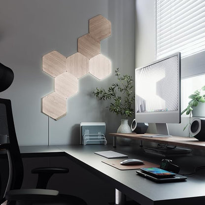 Nanoleaf Elements Wood Look Smart Wall Lights, Hexagon LED Wall Lights work with Alexa Google Assistant, Home Wall Decor for Living Room with Music Sync, Touch Control, Ambient White 1500-4000K, 13 PK