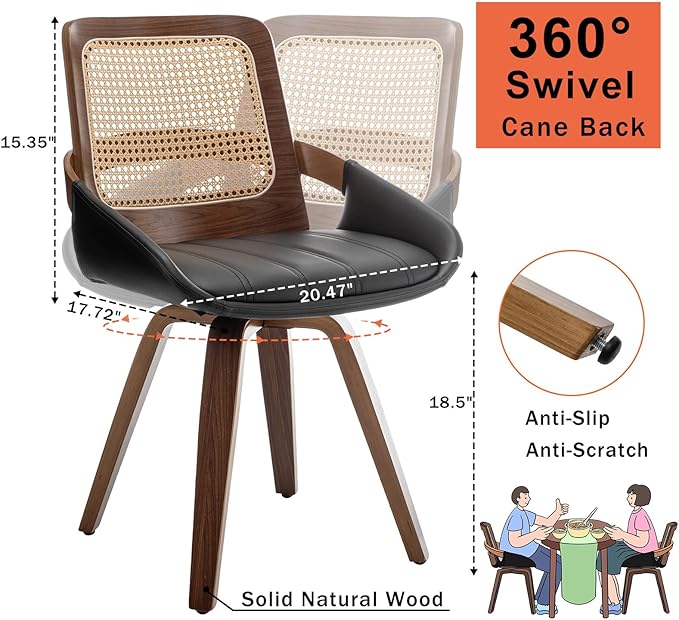 Set of 1 Swivel Rattan Dining Chair - Mid Century Modern Dining Chair with Bentwood Frame, Ergonomic Cane Back, Curved Arms, Faux Leather Swivel Chair for Kitchen/Restaurant (Walnut Black, Set of 1)