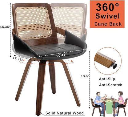 Set of 1 Swivel Rattan Dining Chair - Mid Century Modern Dining Chair with Bentwood Frame, Ergonomic Cane Back, Curved Arms, Faux Leather Swivel Chair for Kitchen/Restaurant (Walnut Black, Set of 1)
